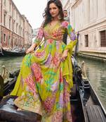 Mustard chinon silk readymade anarkali suit with embroidery work - Full stitched free size