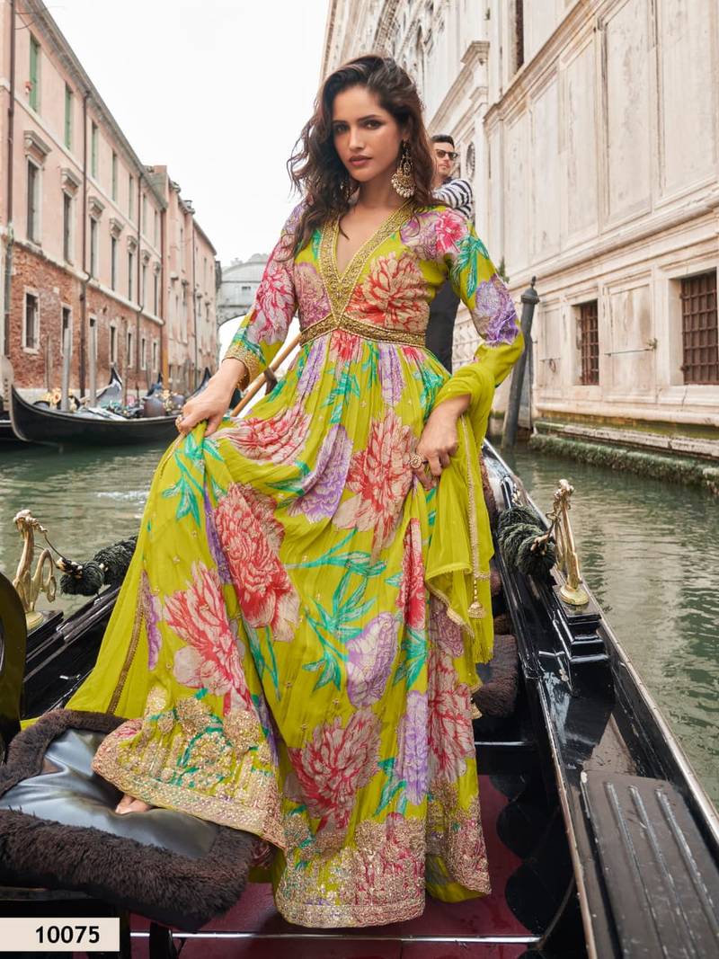 Mustard chinon silk readymade anarkali suit with embroidery work - Full stitched free size