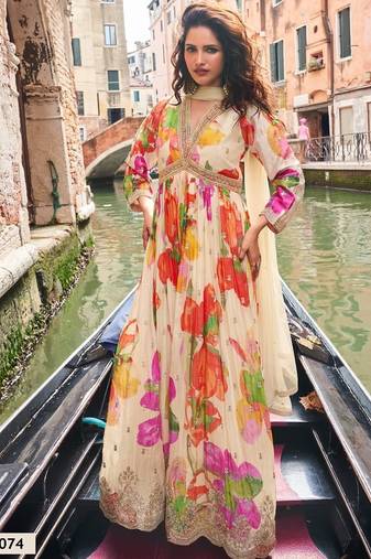 White chinon silk readymade anarkali suit with embroidery work - Full stitched free size