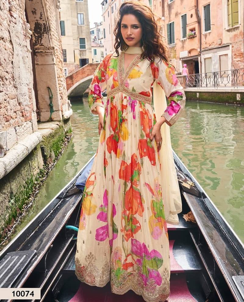 White chinon silk readymade anarkali suit with embroidery work - Full stitched free size