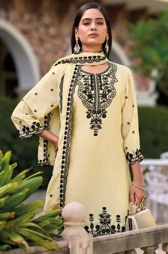 Beige chinon readymade plazzo suit with heavy embroidery 