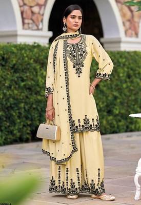 Beige chinon readymade plazzo suit with heavy embroidery  3