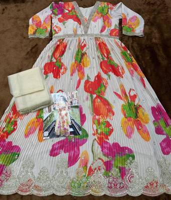 White chinon silk readymade anarkali suit with embroidery - Full stitched free size 2