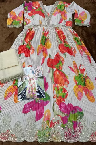 White chinon silk readymade anarkali suit with embroidery - Full stitched free size