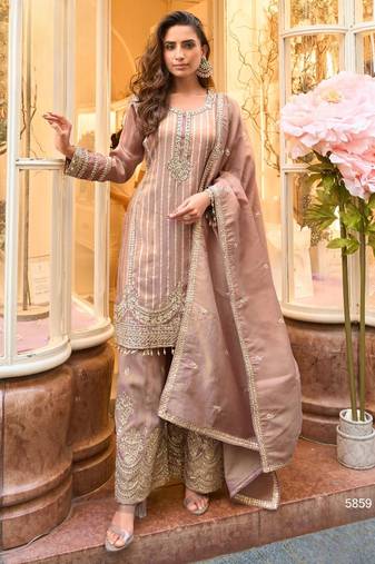 Brown viscose silk readymade plazzo suit with embroidery work-Free size Stitched