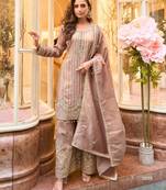 Brown viscose silk readymade plazzo suit with embroidery work-Free size Stitched