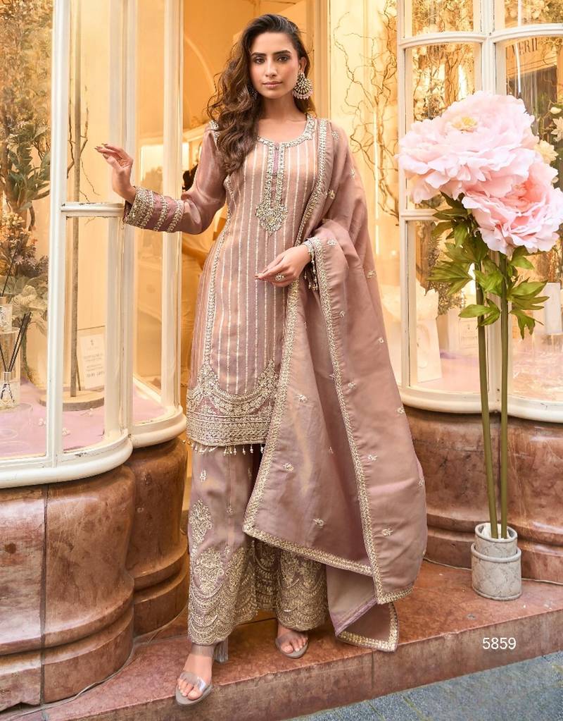 Brown viscose silk readymade plazzo suit with embroidery work-Free size Stitched