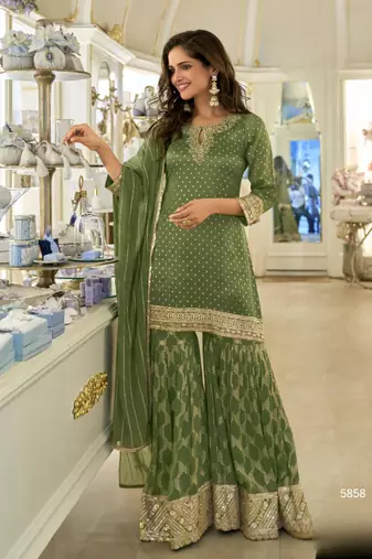 Mehendi viscose silk readymade plazzo suit with embroidery work-Free size Stitched