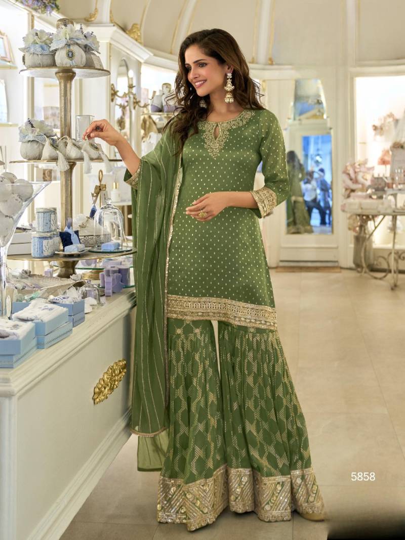 Mehendi viscose silk readymade plazzo suit with embroidery work-Free size Stitched