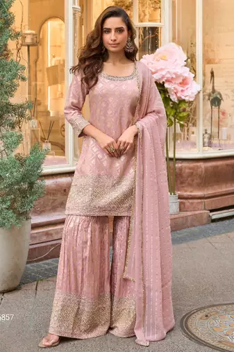 Peach viscose silk readymade plazzo suit with embroidery work-Free size Stitched