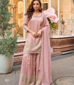 Peach viscose silk readymade plazzo suit with embroidery work-Free size Stitched