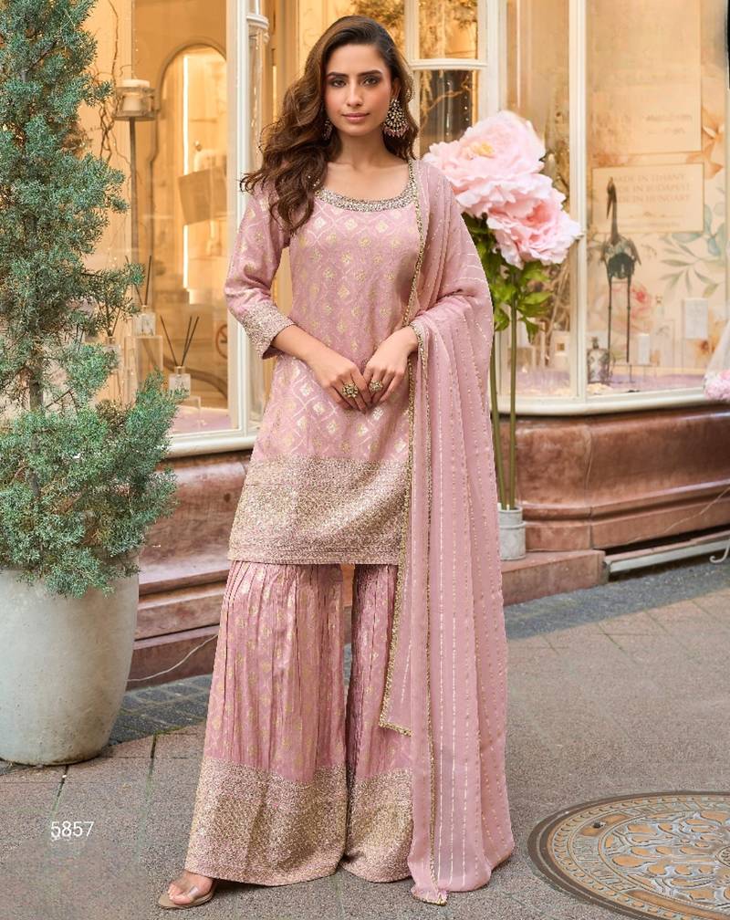 Peach viscose silk readymade plazzo suit with embroidery work-Free size Stitched
