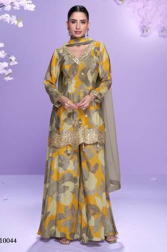 Yellow chinon readymade plazzo suit with digital embroidery work-Free size Stitched