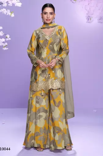 Yellow chinon readymade plazzo suit with digital embroidery work-Free size Stitched