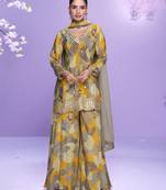 Yellow chinon readymade plazzo suit with digital embroidery work-Free size Stitched