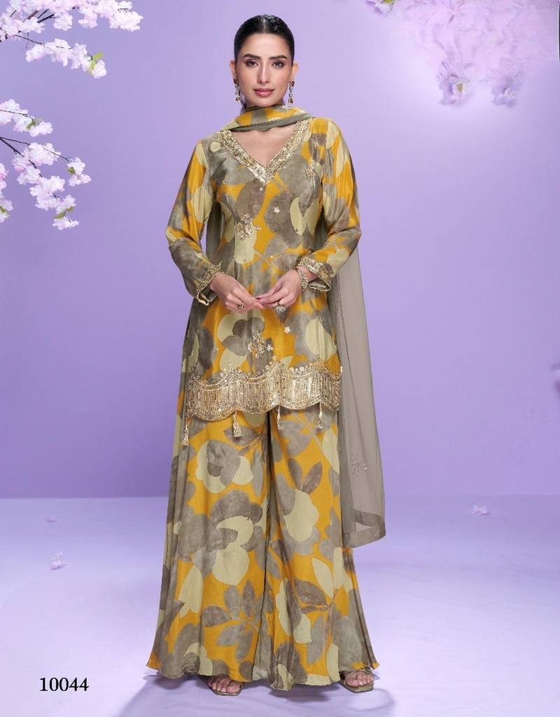 Yellow chinon readymade plazzo suit with digital embroidery work-Free size Stitched