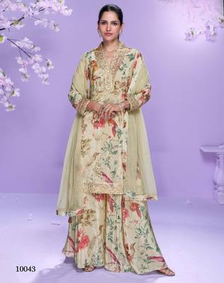 Cream chinon readymade plazzo suit with digital embroidery -Free size Stitched 1