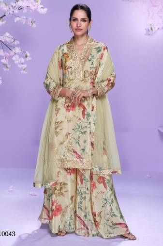Cream chinon readymade plazzo suit with digital embroidery work-Free size Stitched
