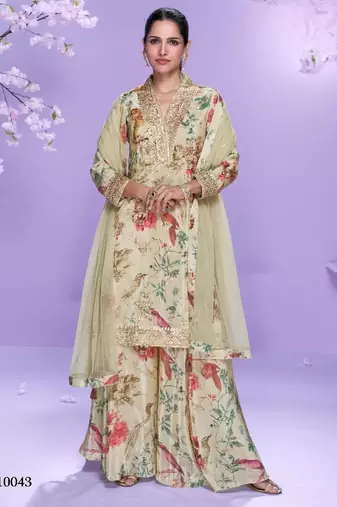 Cream chinon readymade plazzo suit with digital embroidery work-Free size Stitched