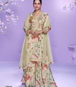 Cream chinon readymade plazzo suit with digital embroidery work-Free size Stitched