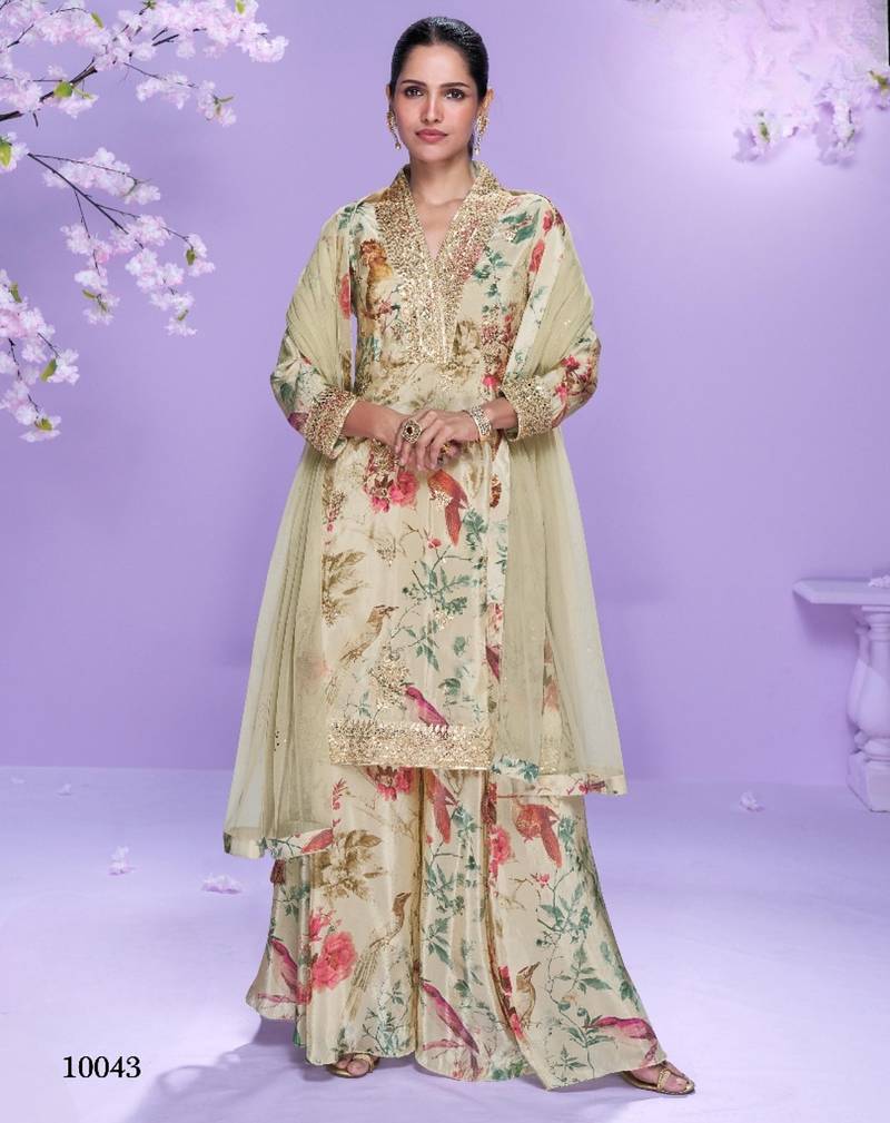 Cream chinon readymade plazzo suit with digital embroidery work-Free size Stitched
