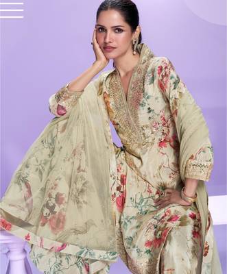 Cream chinon readymade plazzo suit with digital embroidery -Free size Stitched 2
