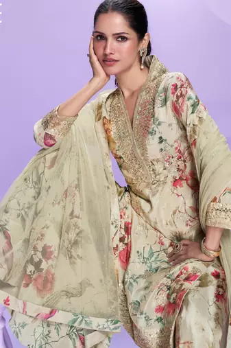 Cream chinon readymade plazzo suit with digital embroidery -Free size Stitched