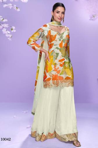 White chinon readymade plazzo suit with digital embroidery work-Free size Stitched