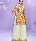 White chinon readymade plazzo suit with digital embroidery work-Free size Stitched