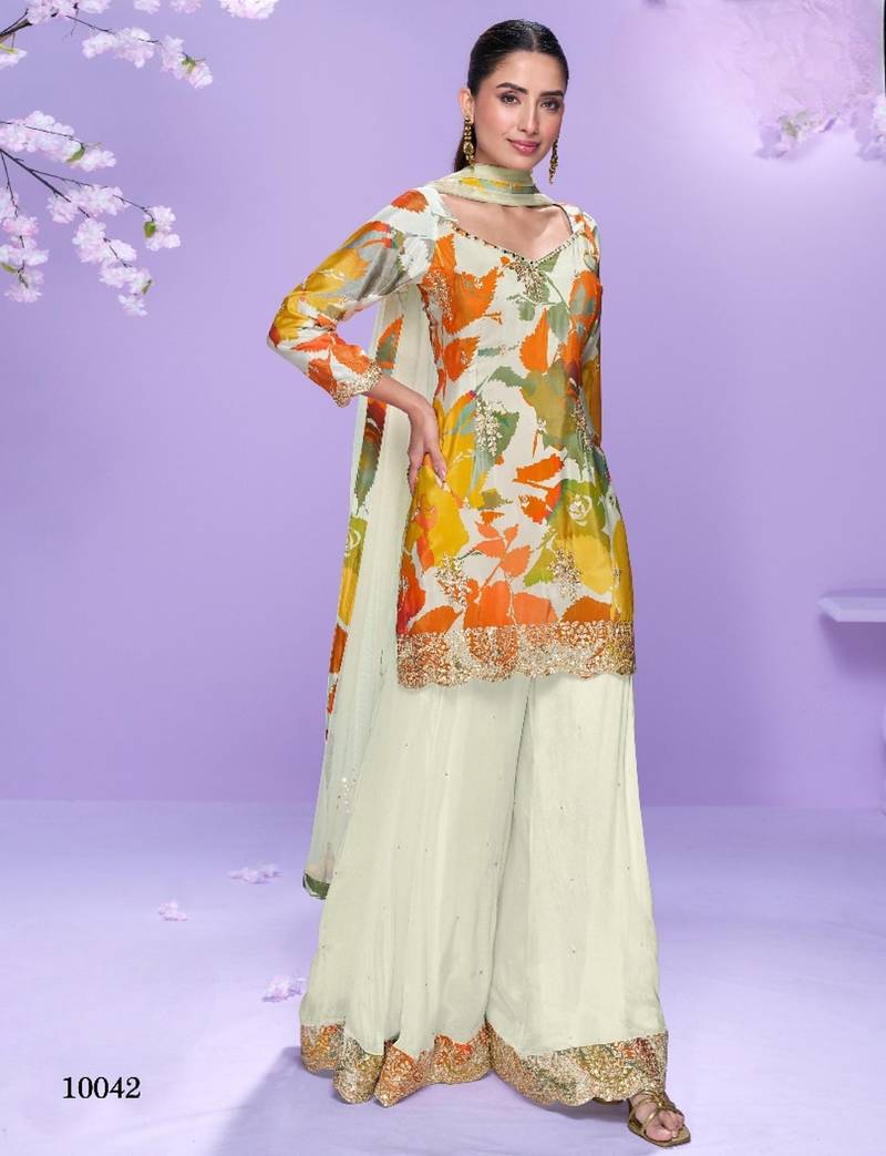 White chinon readymade plazzo suit with digital embroidery work-Free size Stitched