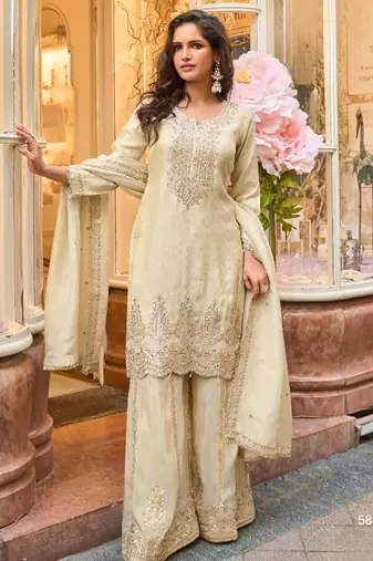 Beige viscose silk readymade plazzo suit with embroidery work-Free size Stitched