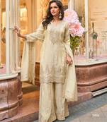 Beige viscose silk readymade plazzo suit with embroidery work-Free size Stitched