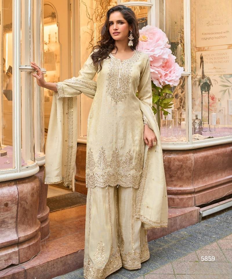 Beige viscose silk readymade plazzo suit with embroidery work-Free size Stitched
