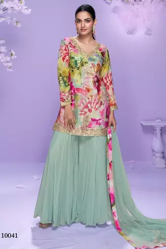 Sea green chinon readymade plazzo suit with digital embroidery work-Free size Stitched