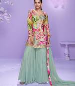 Sea green chinon readymade plazzo suit with digital embroidery work-Free size Stitched