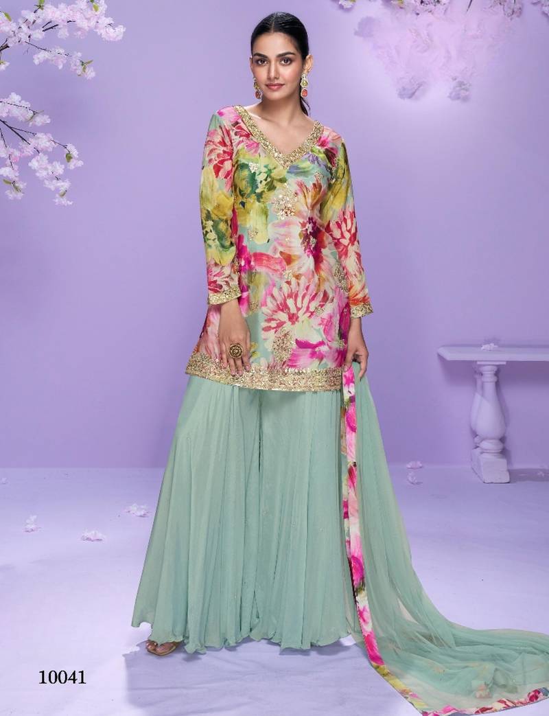 Sea green chinon readymade plazzo suit with digital embroidery work-Free size Stitched