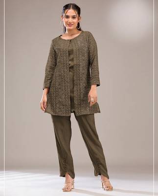 Mehendi faux georgette readymade 2 piece set with embroidery -Free size Stitched 1