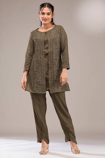 Mehendi faux georgette readymade 2 piece set with embroidery work-Free size Stitched