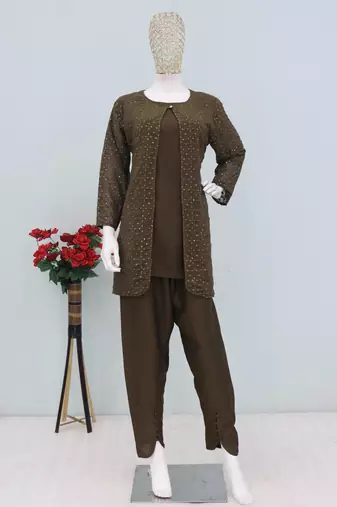 Mehendi faux georgette readymade 2 piece set with embroidery -Free size Stitched