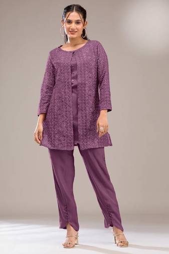 Purple faux georgette readymade 2 piece set with embroidery work-Free size Stitched