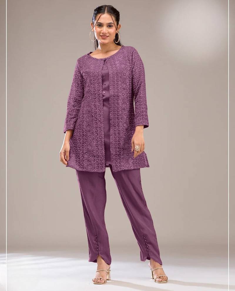 Purple faux georgette readymade 2 piece set with embroidery work-Free size Stitched