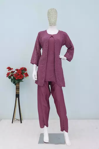 Purple faux georgette readymade 2 piece set with embroidery -Free size Stitched