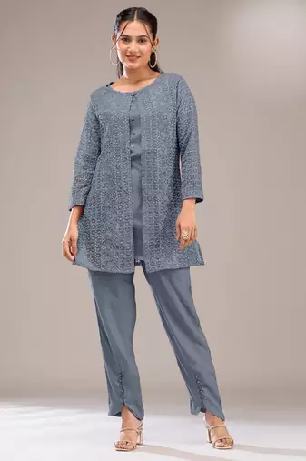 Grey faux georgette readymade 2 piece set with embroidery work-Free size Stitched