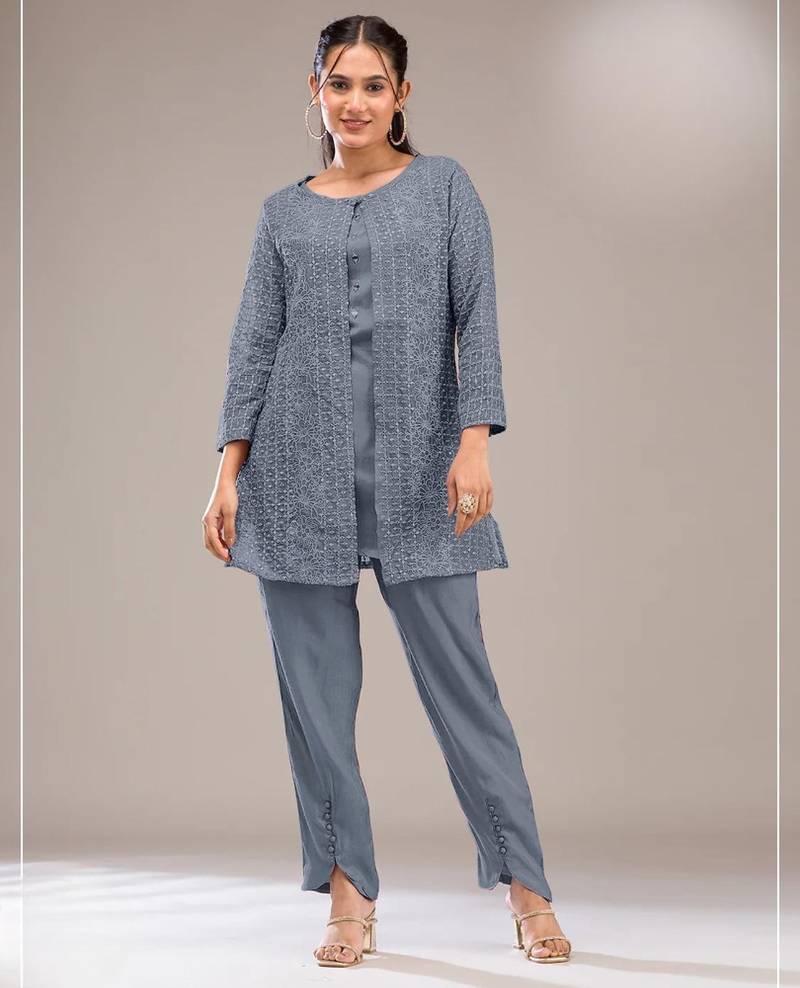 Grey faux georgette readymade 2 piece set with embroidery work-Free size Stitched