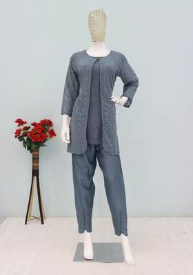 Grey faux georgette readymade 2 piece set with embroidery -Free size Stitched 2