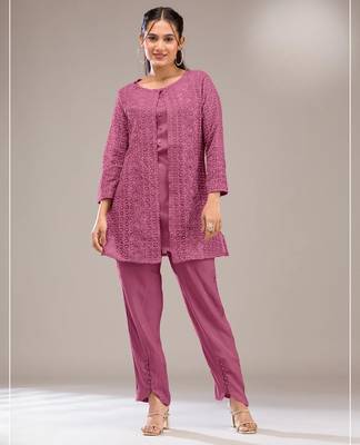 Pink faux georgette readymade 2 piece set with embroidery -Free size Stitched 1