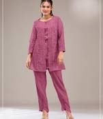 Pink faux georgette readymade 2 piece set with embroidery work-Free size Stitched