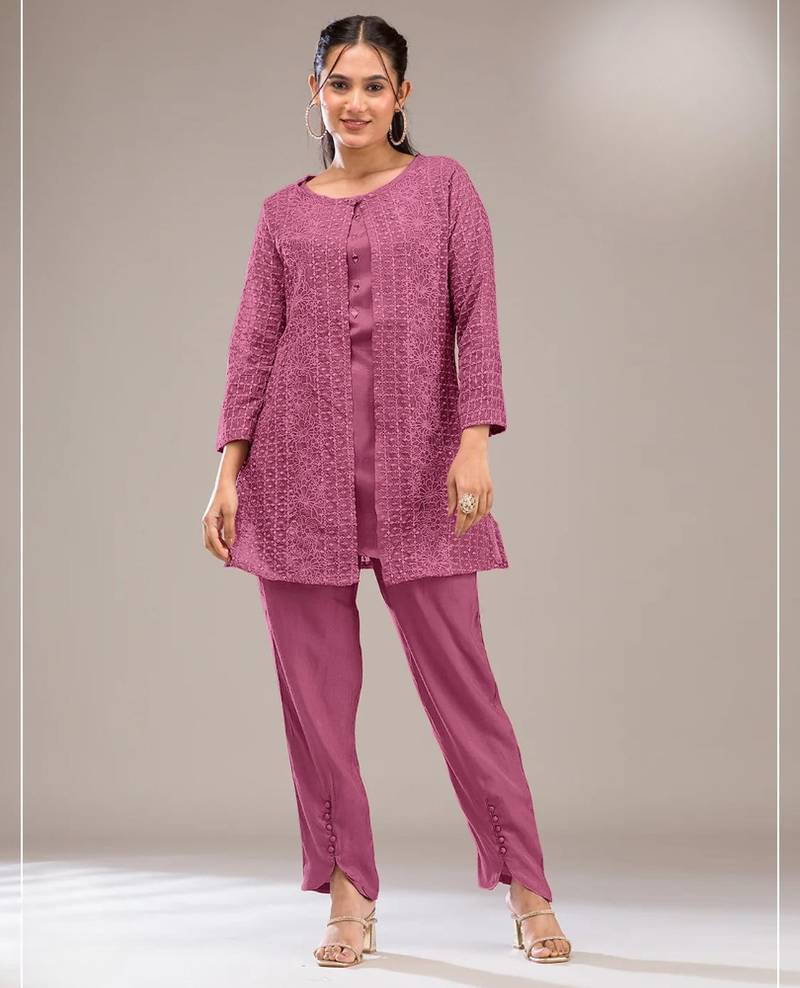 Pink faux georgette readymade 2 piece set with embroidery work-Free size Stitched