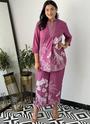 Floral printed purple round neck  cotton co-ord set 1