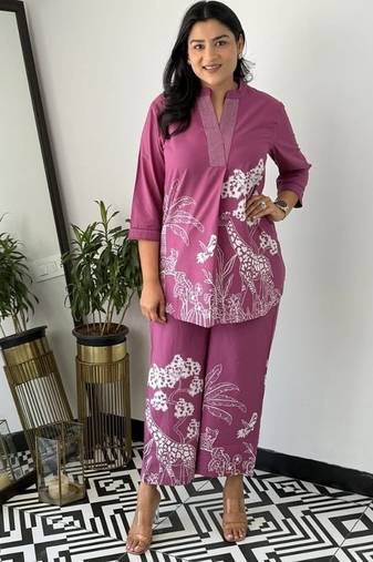 Floral printed purple round neck pure cotton co-ord set